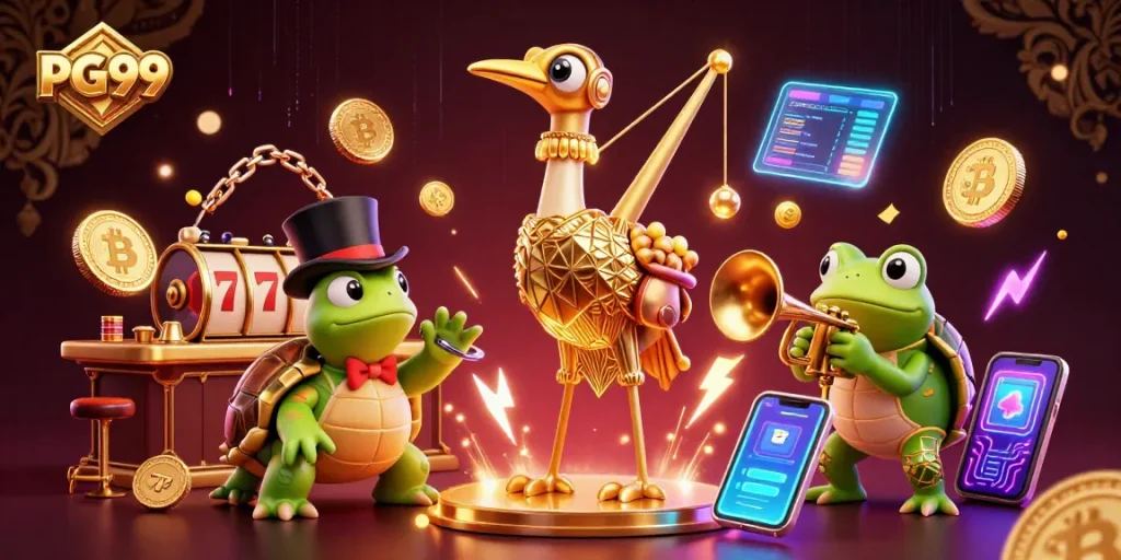 Spin the reels at PG99, featuring a lively 3D jazz bar scene with crypto coins and vibrant casino elements.