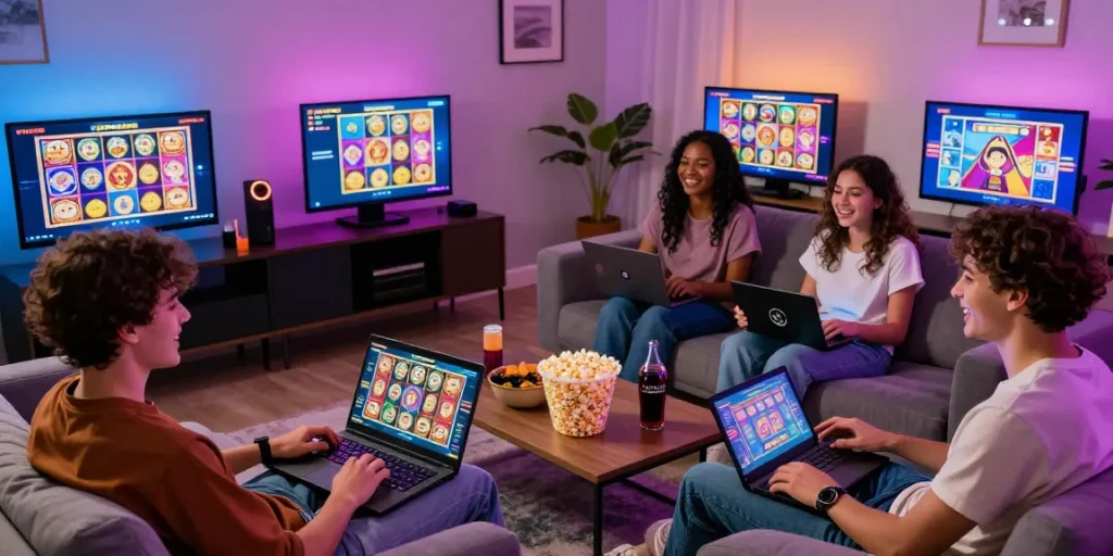 Friends celebrating a win on oppa86 during an online slot game night at home.
