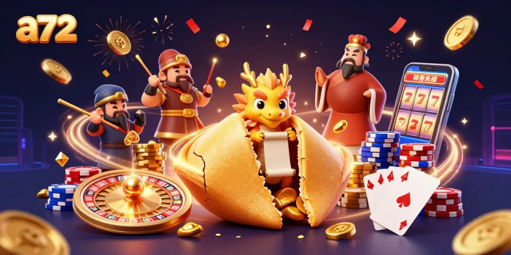 a72 showcases a vibrant 3D casino scene with a golden fortune cookie and celebratory elements.