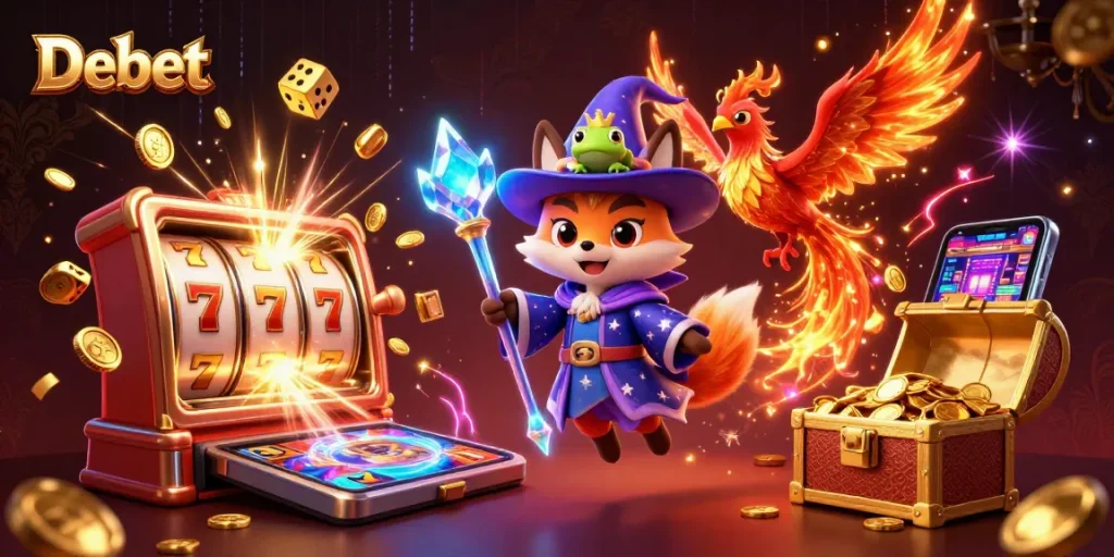 Engage with Debet casino adventures featuring a wizard fox, phoenix, and rich slot games.