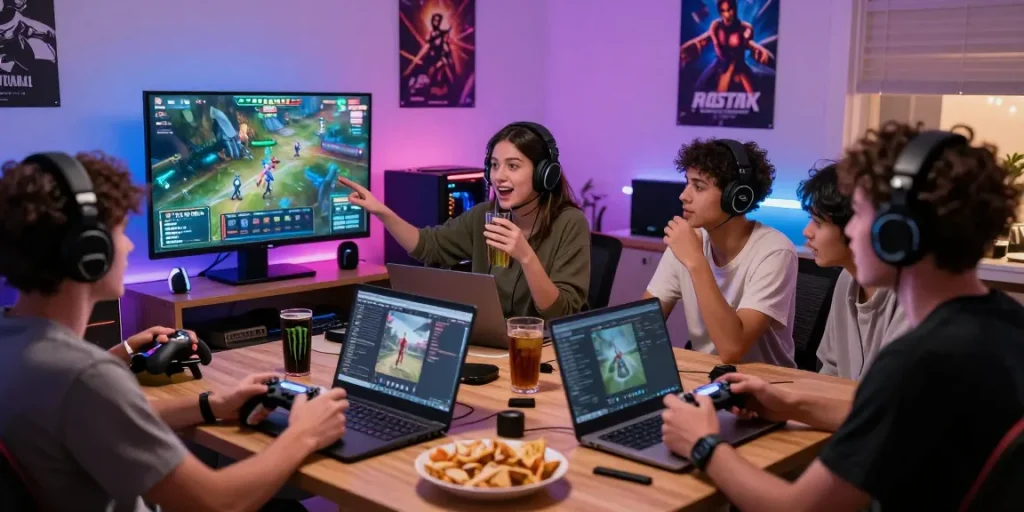 Gamers enjoying virtual game night with https://sc88.chat/ displayed on screens, creating a lively atmosphere.