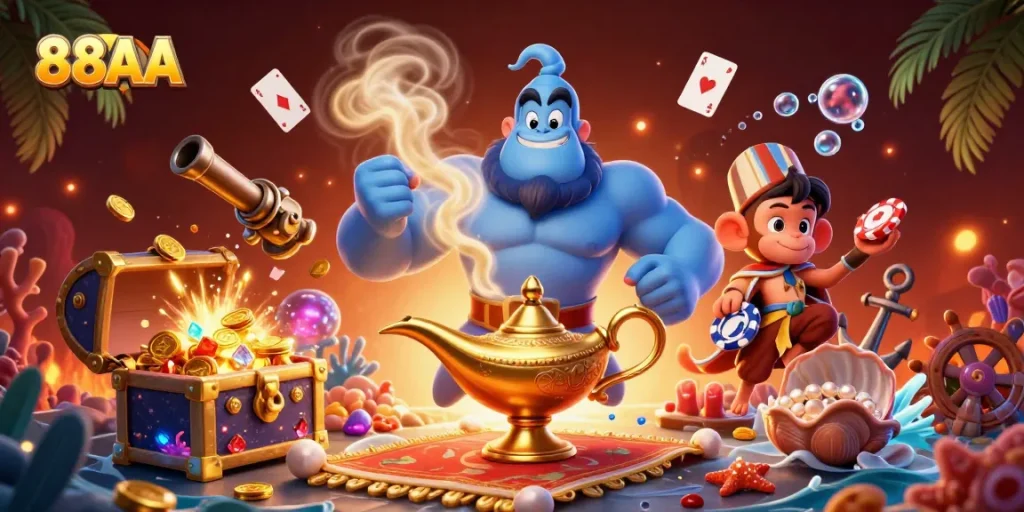 Experience the thrill of 88AA with dynamic genie characters amidst a rich casino backdrop.