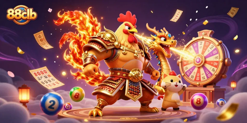 Experience the thrill at 88clb with powerful fighters and vibrant lottery action in this dynamic scene.