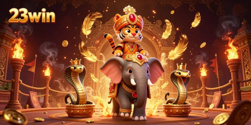 Experience the excitement of 23win with a vibrant, dynamic casino illustration featuring a maharaja, elephant, and cobra.