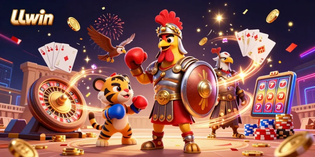 Win big with LLwin as a gladiator rooster battles in a vibrant casino arena.