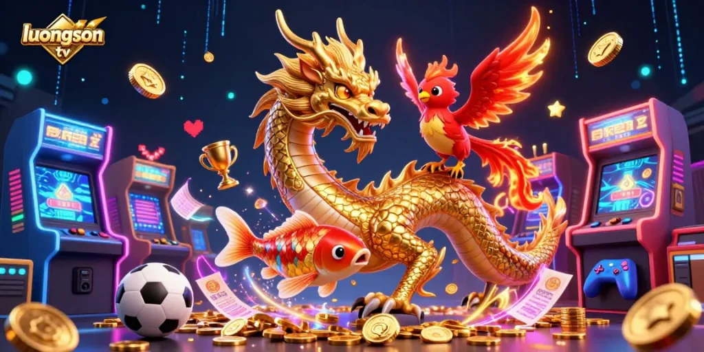 Bet on thrilling matches with luongson tv's dynamic sports betting scene featuring dragon and phoenix characters.