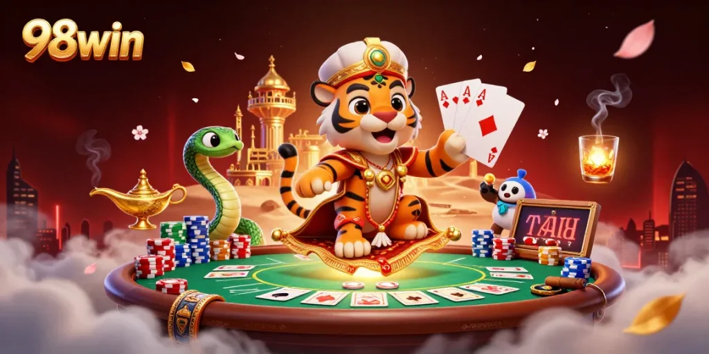 Engage with 98win's thrilling 3D illustration of a tiger sultan on a poker chip carpet, capturing the casino magic.