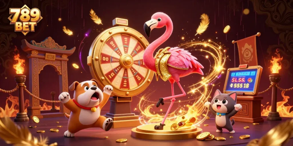 Spin the golden prize wheel at 789 BET with exciting gambling action and vibrant illustrations.