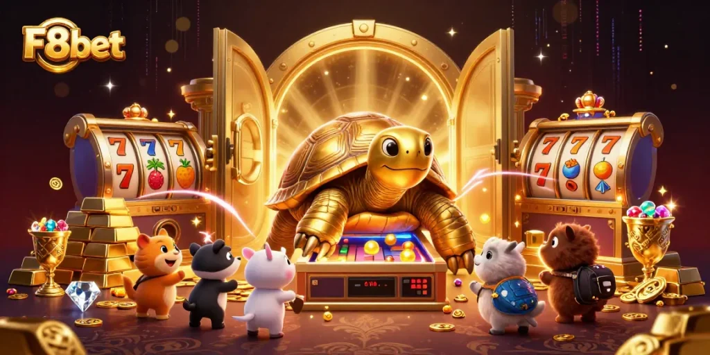 Engage with the lively world of F8bet through a vibrant casino illustration filled with exciting gaming elements.