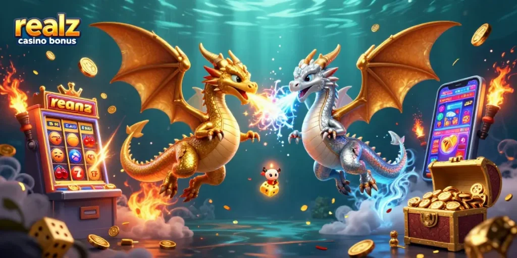 Spiele mit dem realz casino bonus und entdecke aufregende Freispiele und Boni in dieser lebendigen Casino-Illustration.