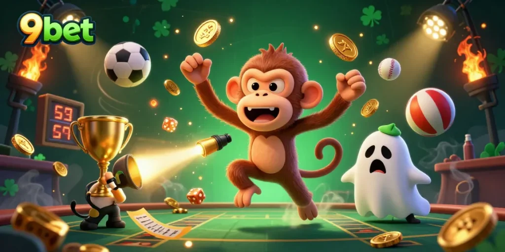 Engage with 9bet’s exciting gameplay, showcasing a lively casino scene with dynamic sports elements.