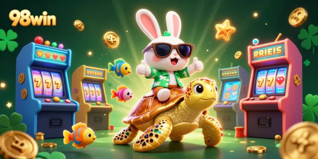 Join the fun at 98win as the lucky rabbit and turtle dive into jackpot excitement!