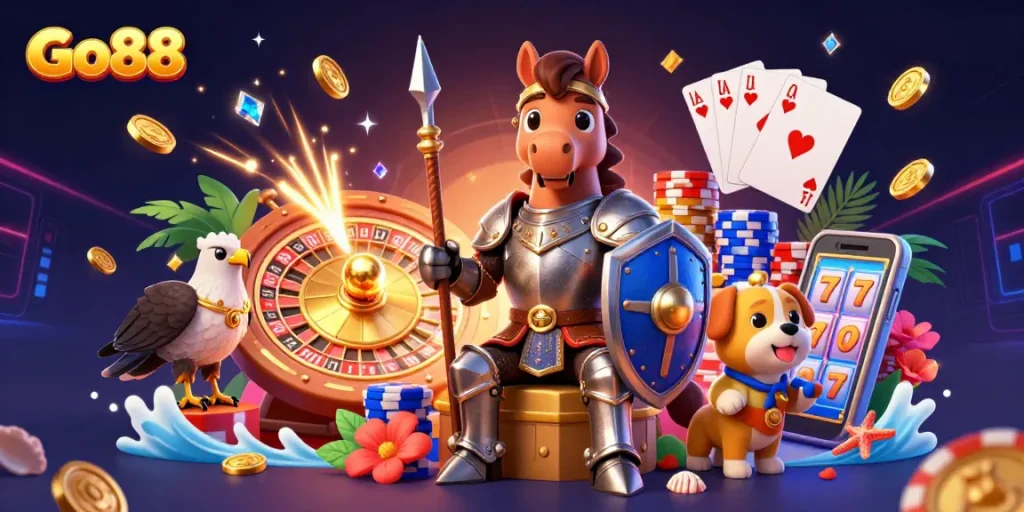 Experience the excitement of Go88's casino with 3D characters, golden coins, and dynamic gaming elements.