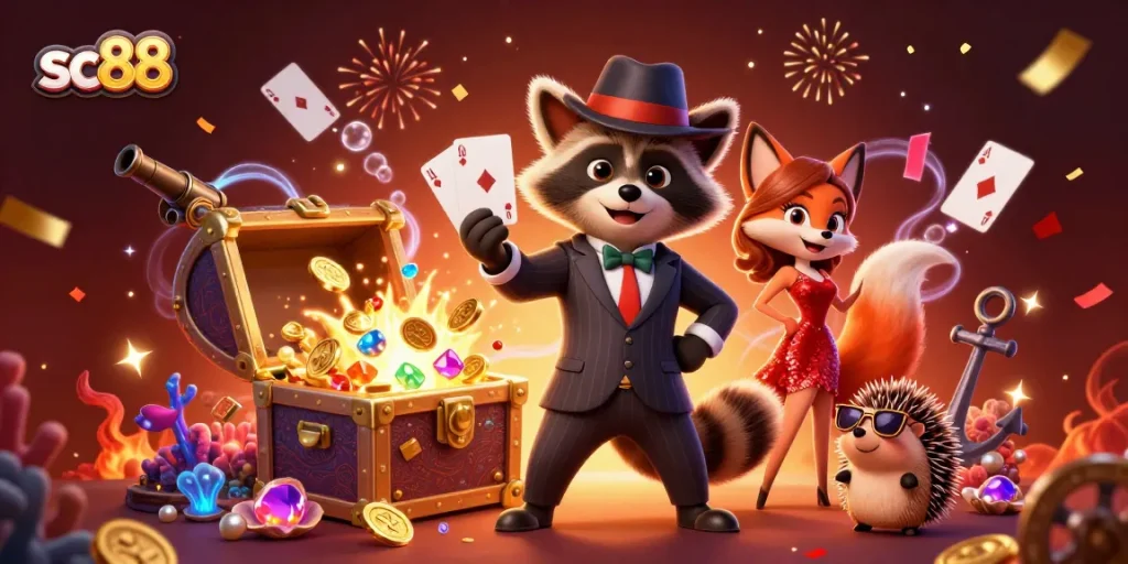 sc88 showcases an exciting 3D casino scene with a suave raccoon and fox lady surrounded by gold coins and playing cards.