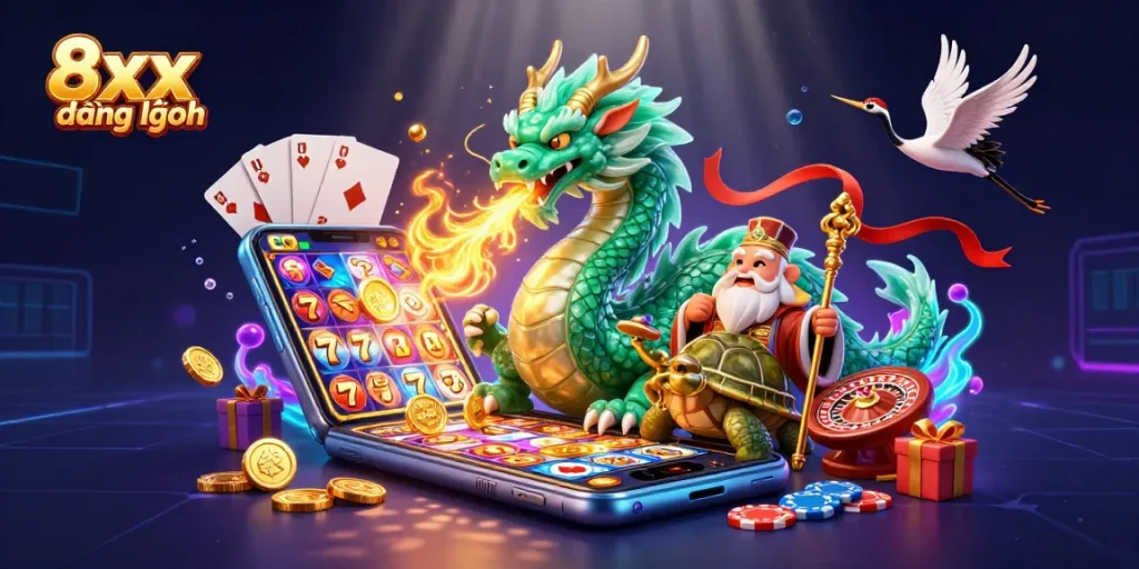 Immerse in 8xx đăng nhập with a vibrant casino scene featuring a jade dragon and dynamic gaming elements.