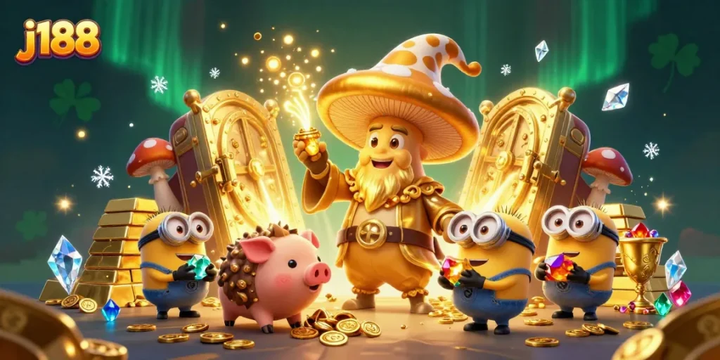 Engage in j188 action with a vibrant scene featuring a golden mushroom wizard and treasure elements.