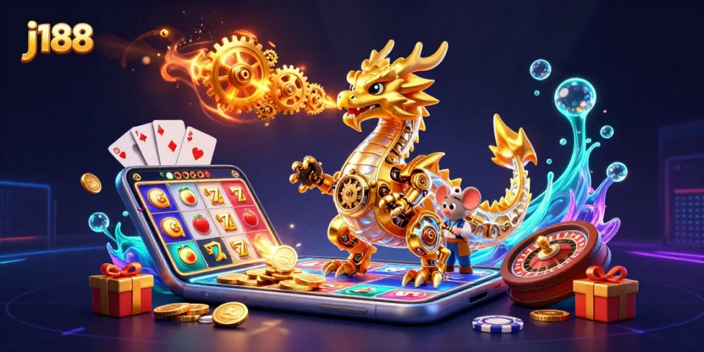 Engage with j188's vibrant gaming experience featuring a golden dragon, slot games, and dynamic casino action.