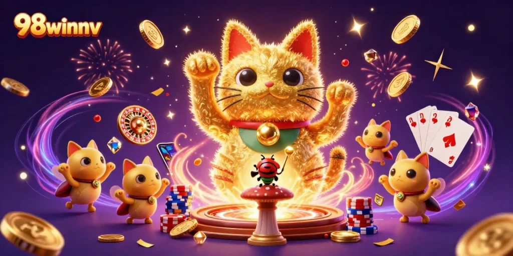 Experience the thrilling world of online gaming with 98winnv, featuring lucky symbols and dynamic casino elements.