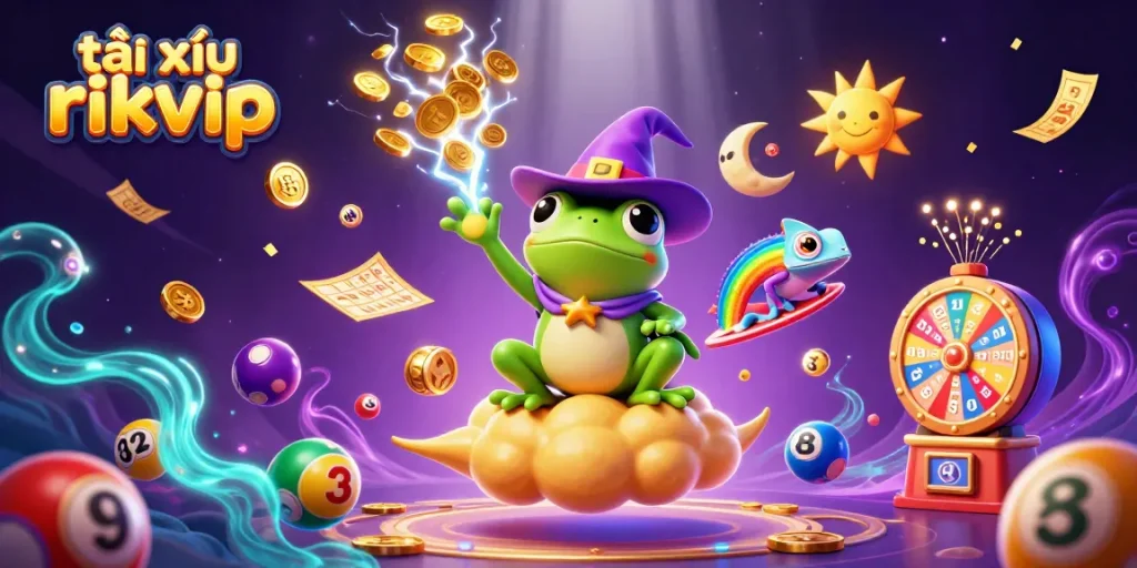 Engage with the vibrant world of tài xỉu rikvip featuring a magic scene of playful characters and gambling elements.