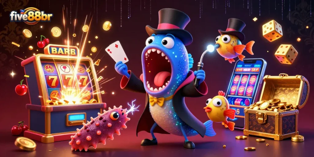 Experience the magic of five88br with an enchanting casino scene featuring vibrant slot machine action.