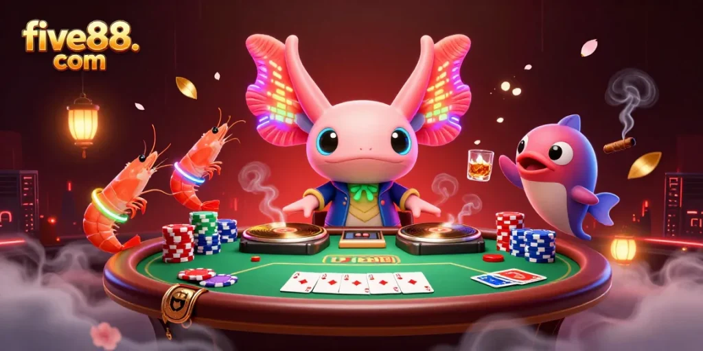 Experience excitement at five88. com with vibrant casino elements and playful aquatic characters.