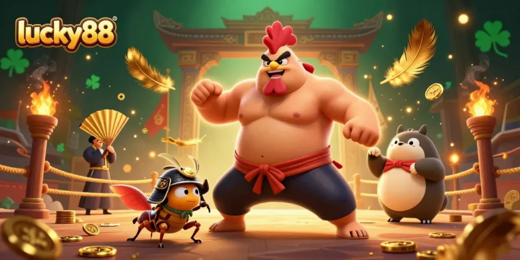 Experience powerful gameplay with the lucky88 sumo wrestler, cricket, and tanuki in a dynamic casino scene.
