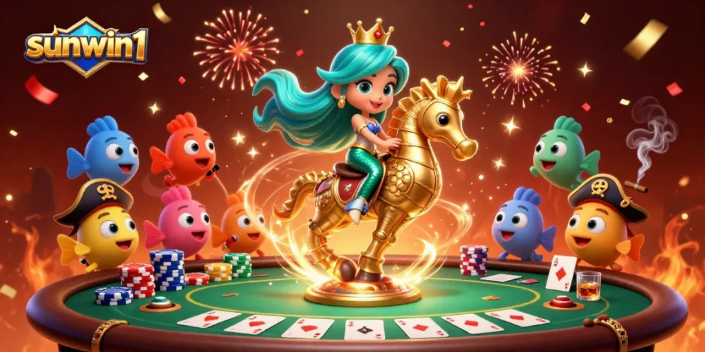 Experience sunwin1 with a vibrant 3D casino scene featuring a mermaid princess and poker action.