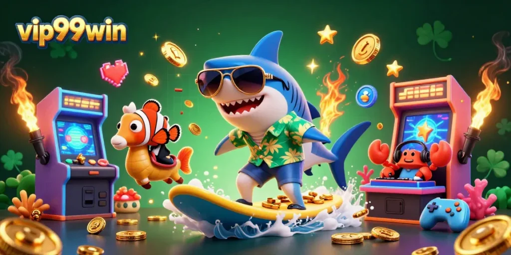 Experience the thrill of gambling with vip99win and a vibrant underwater casino scene featuring exciting characters and game elements.