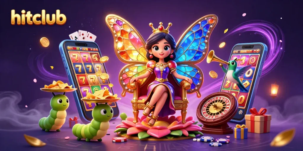 Experience excitement at hitclub with a vibrant casino-themed illustration showcasing a butterfly queen, games, and chips.