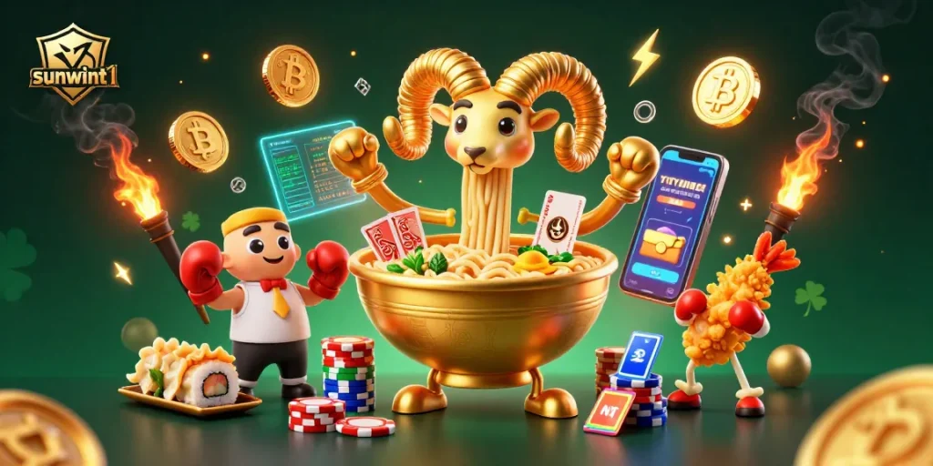 Experience thrilling gameplay at sunwint1 with a dynamic casino scene featuring colorful characters.