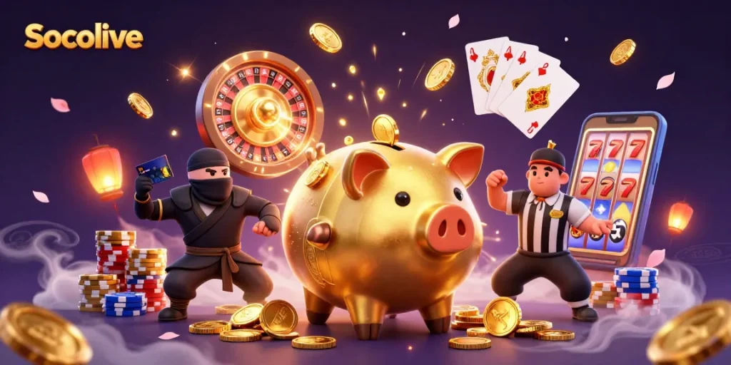Socolive engages viewers with an epic gambling battle featuring a piggy bank sumo wrestler, glowing coins, and a dynamic 3D scene.