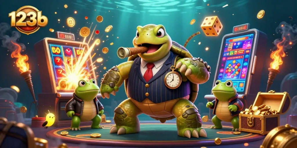 Win big at 123b with a vibrant 3D casino scene featuring a snapping turtle and thrilling jackpots!