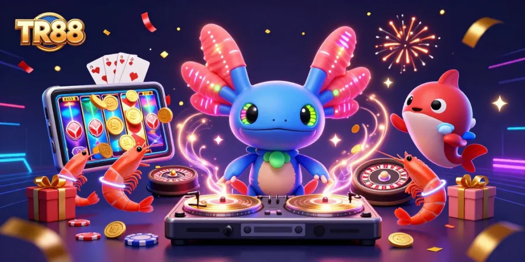 Experience TR88's vibrant casino atmosphere with neon characters and dynamic gameplay.