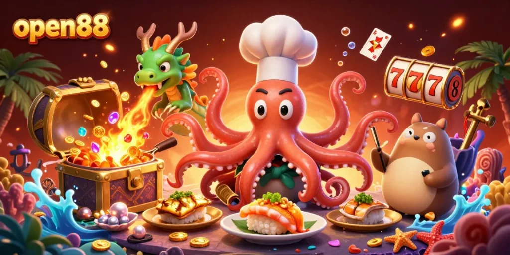 Engaging illustration capturing open88's vibrant casino scene with a sushi chef octopus.