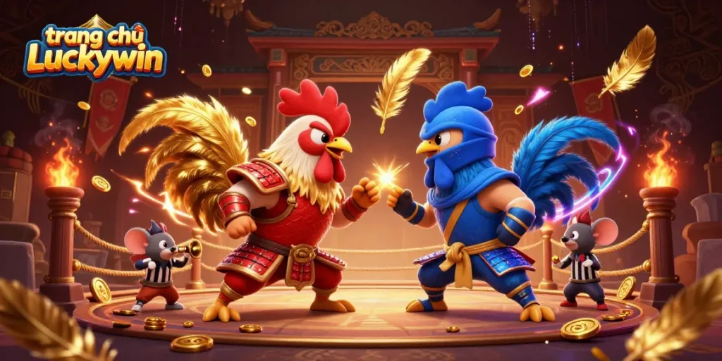 Engage in thrilling action at trang chủ Luckywin, featuring 3D cartoon fighting roosters in a dynamic standoff.
