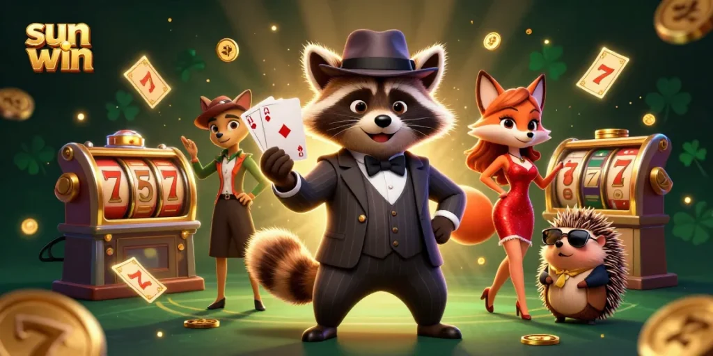 Bet on sun win with a suave raccoon, glamorous fox, and tough hedgehog in a packed casino scene.