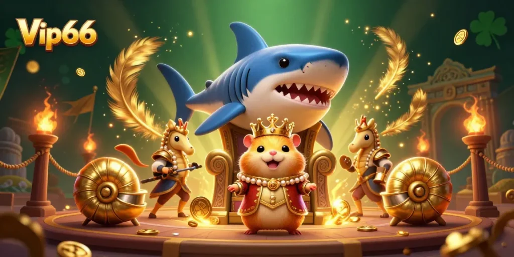 Experience excitement at Vip66 with a vibrant casino scene featuring a golden hamster king and thrilling betting elements.