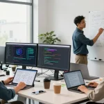 Team collaborating to build internal tools with AI in a modern office workspace.