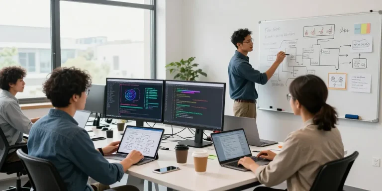 Team collaborating to build internal tools with AI in a modern office workspace.