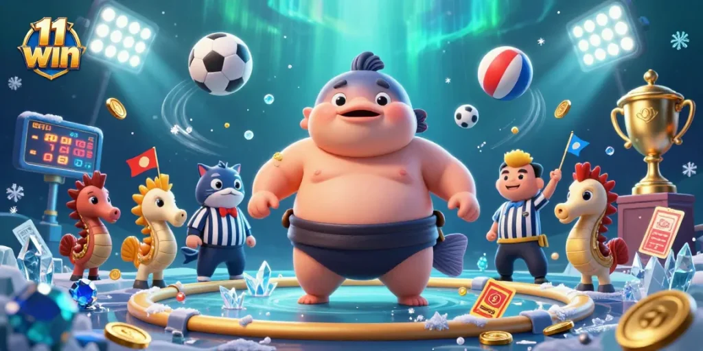 Engage in vibrant 11 win sports betting with a lively underwater scene showcasing dynamic games and characters.
