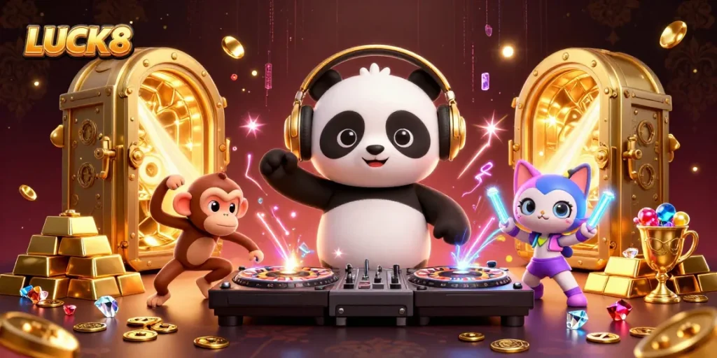 Experience LUCK8's vibrant casino atmosphere with DJ panda, dancing monkey, and rave kitten