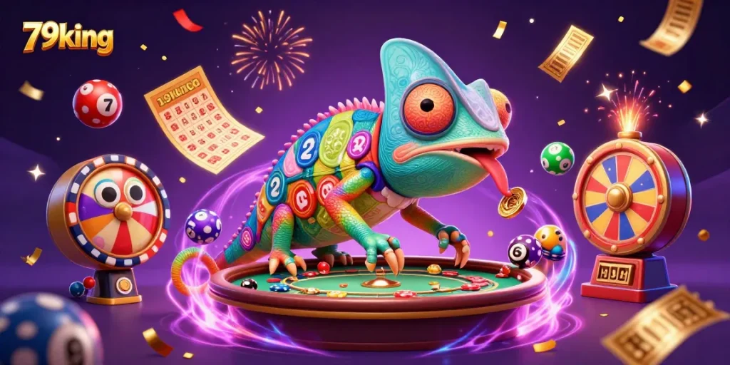Experience thrilling gaming action with 79king, featuring a vibrant chameleon casino owner amidst lottery balls and confetti.
