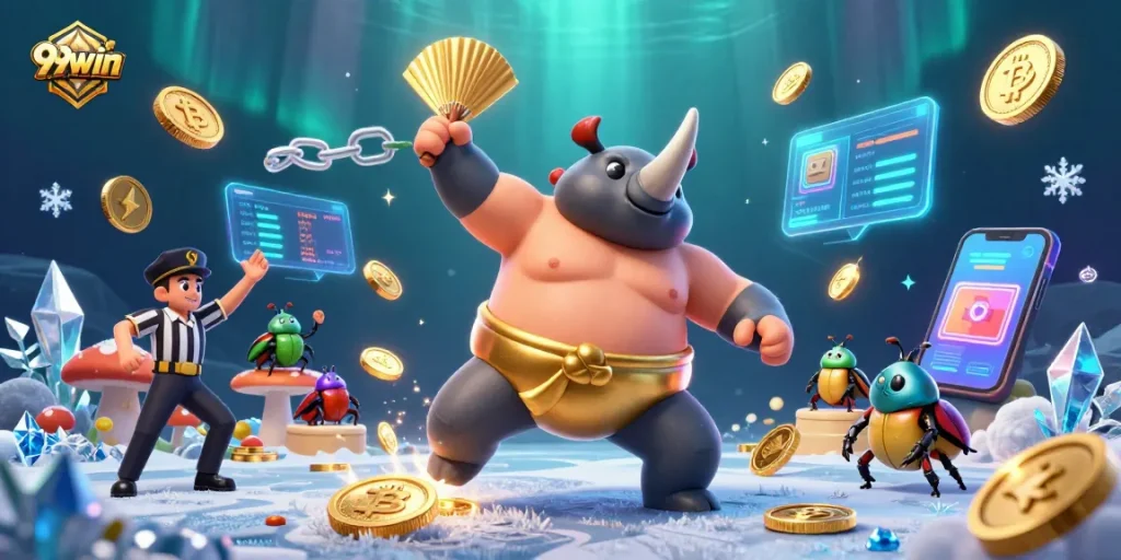Experience thrilling winnings at 99win with our exciting sumo beetle casino illustration!