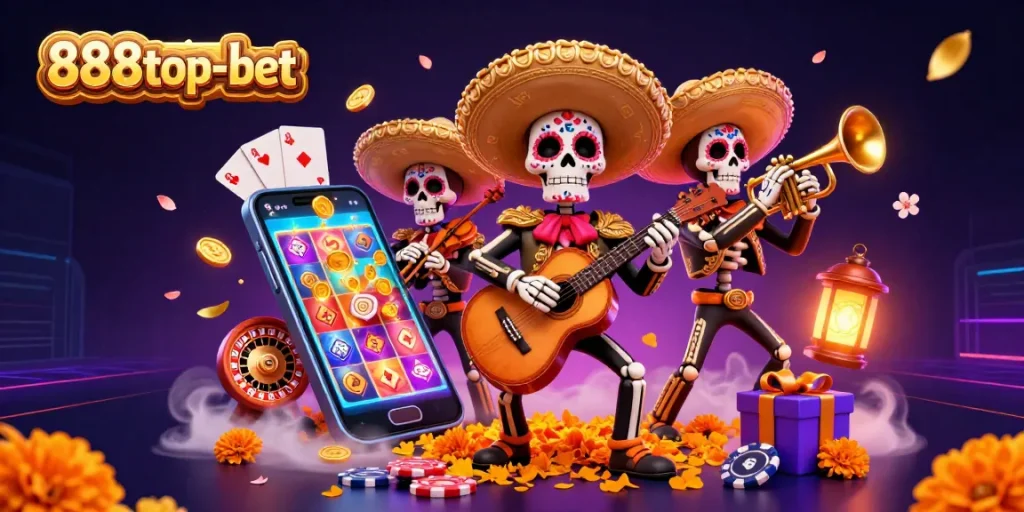 Experience exciting gameplay at 888top-bet with vibrant casino elements and colorful mariachi skeletons.