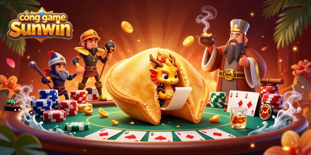 Engage with cổng game sunwin featuring a vibrant casino scene with animated characters and poker elements.