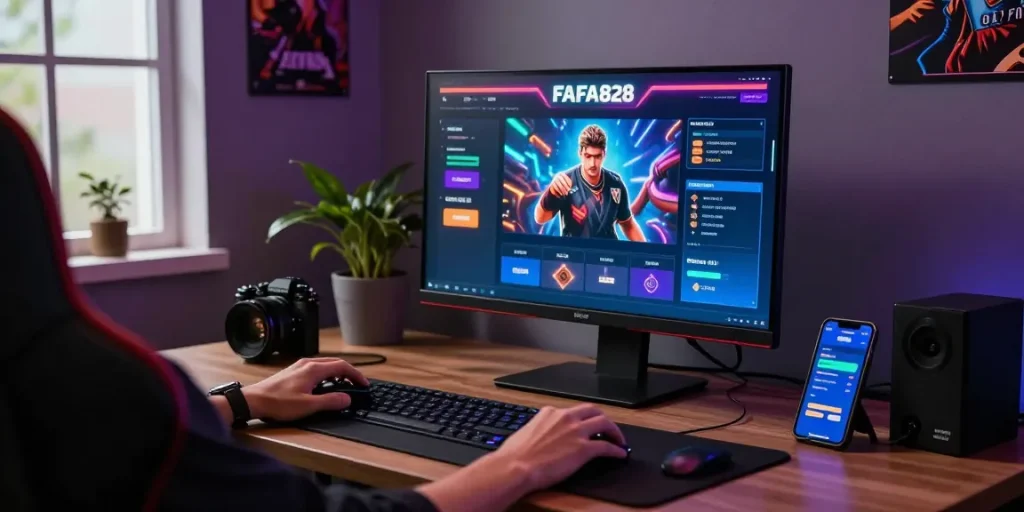 FAFA828 online gambling platform gaming scene with user engaged in gameplay and vibrant interface.