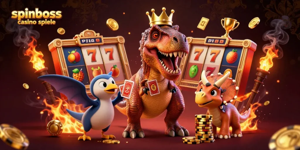 Erleben Sie SpinBoss Casino Spiele mit einem freundlichen T-Rex, der Karten mischt, während um ihn herum Spielautomaten und goldene Chips fliegen.