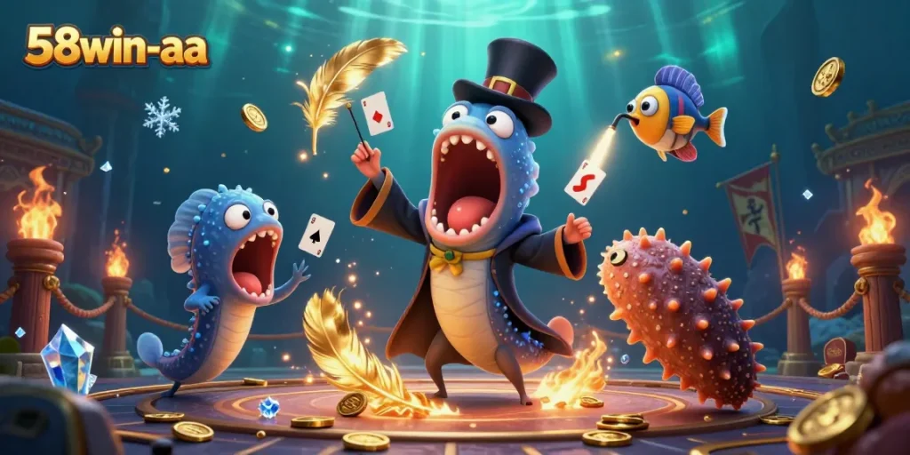 Experience thrilling magic tricks with the 58win-aa sea creatures showcasing their gambling prowess in a vibrant casino scene.