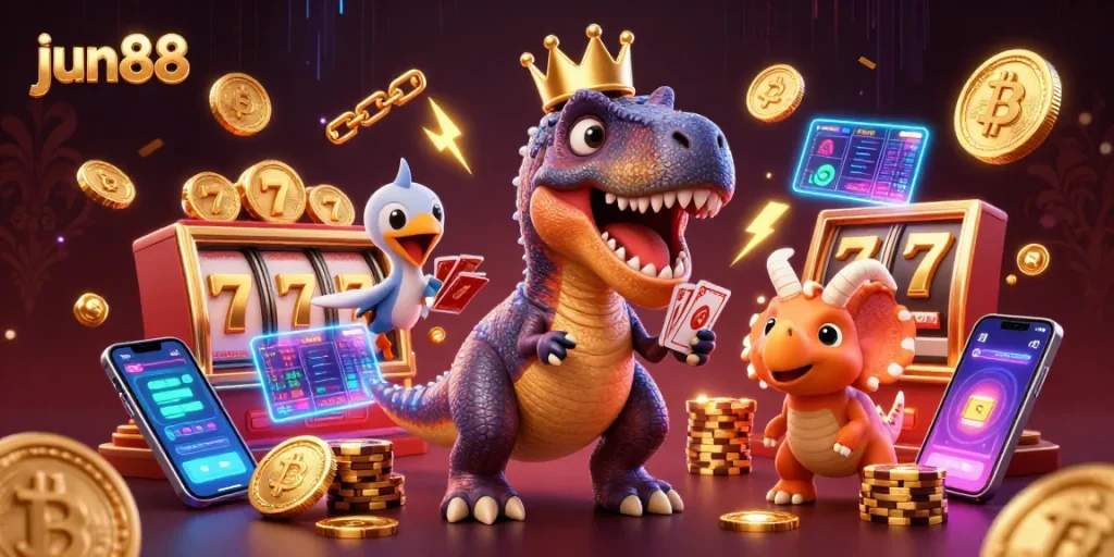 Experience the excitement of jun88 with a lively casino scene featuring a T-Rex playing cards.