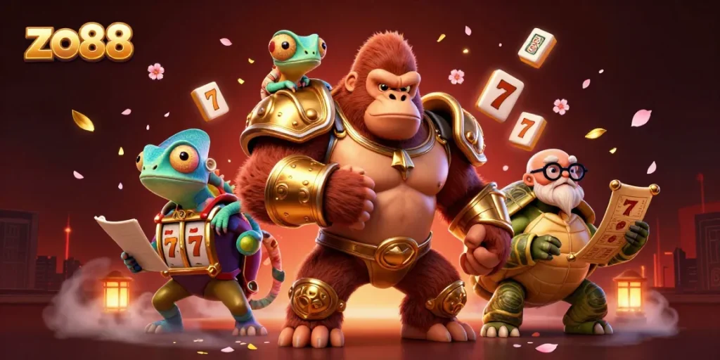 Spin to win at zo88, featuring a powerful cartoon gorilla and vibrant casino elements.